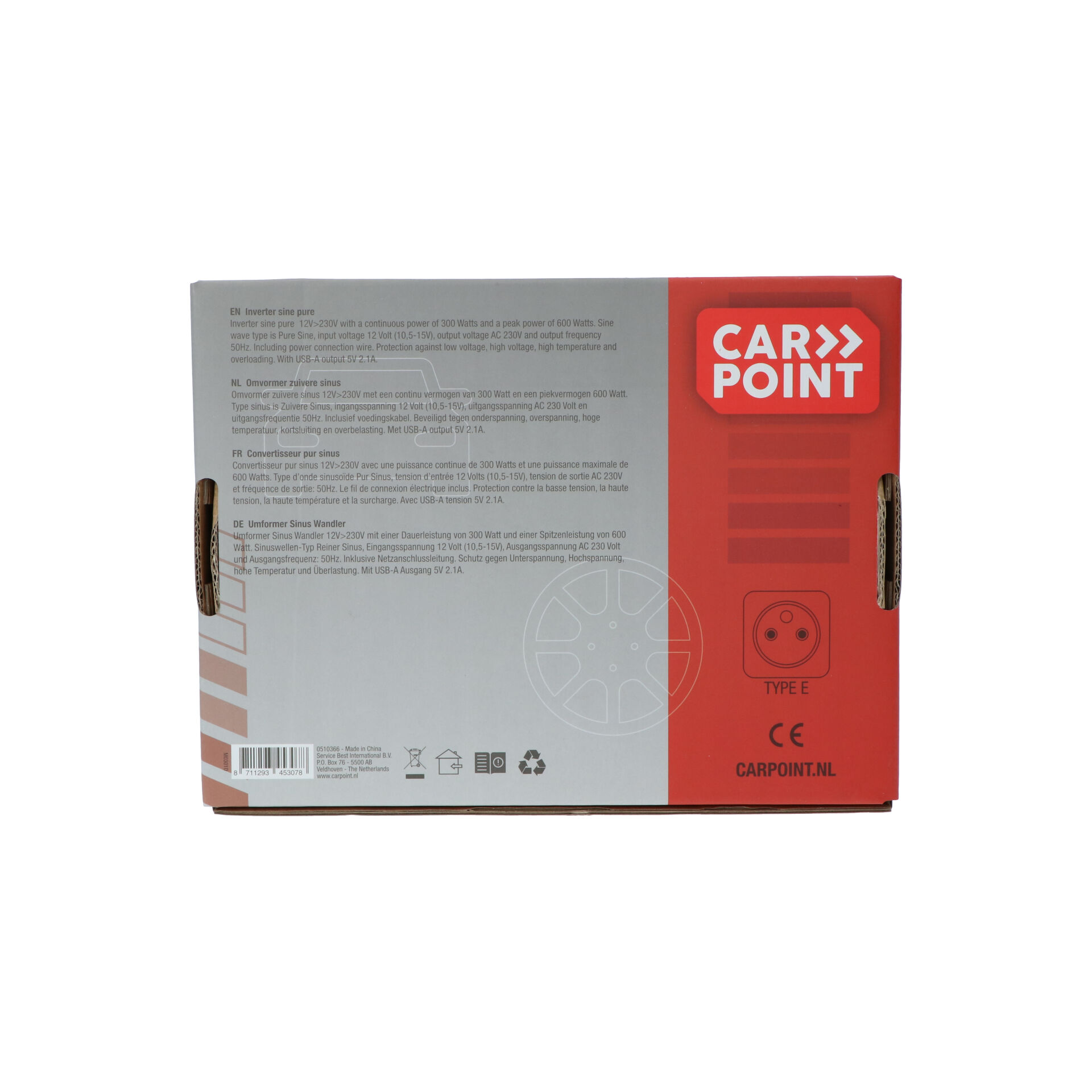 Carpoint Pure Sinus Omvormer 12V>230V 300W Frans/Belgisch stopcontact (0510366)